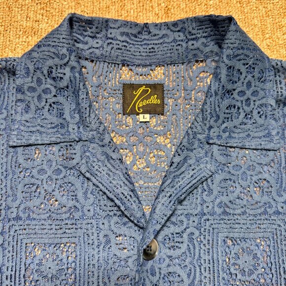 Needles Cabana Shirt Square Lace Cloth ButtonUp Blue Japan Nepenthes Large EUC - Picture 4 of 8